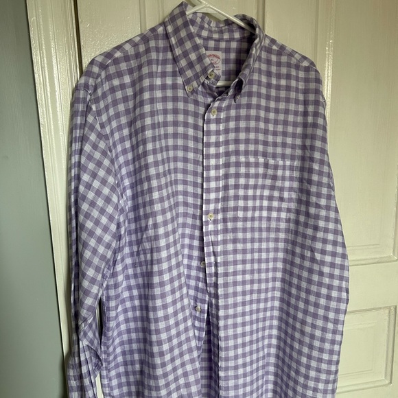 Brooks Brothers crisp linen gingham purple and white Madison Fit shirt - Picture 1 of 7